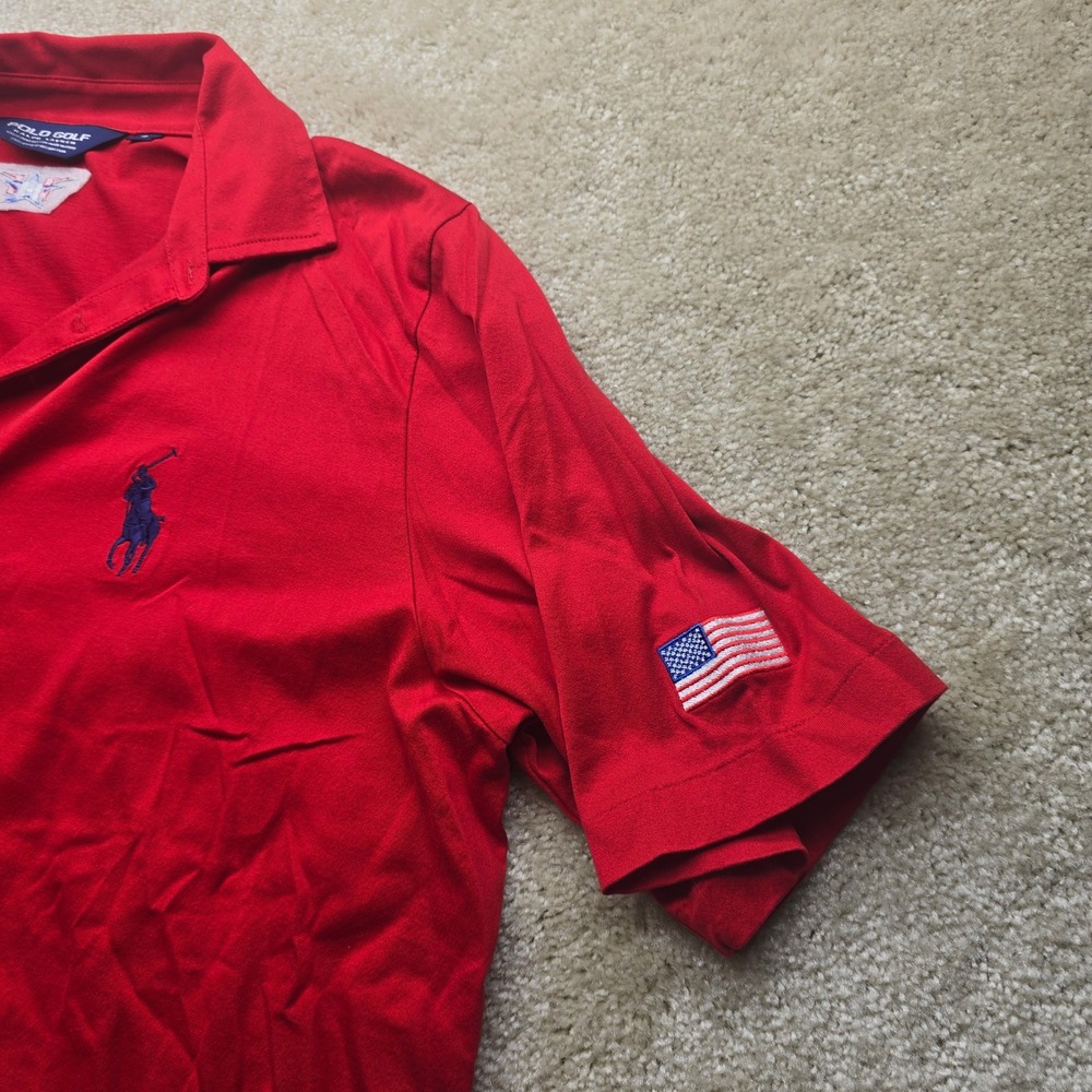 Polo Golf Ralph Lauren Red Mens L Short Sleeve Polo Shirt‎ USA Flag Embroidered - Picture 4 of 9